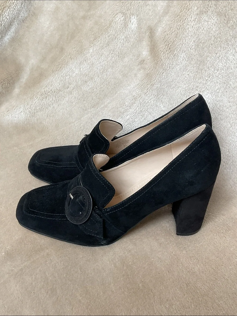 Marc Fisher Black Suede Heeled Loafers with Buckle Size 7.5